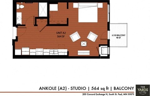 Floor plan for studio, 1 bath, 564 sqft