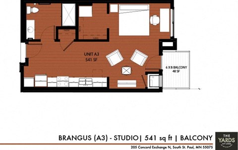 Floor plan for studio, 1 bath, 541 sqft