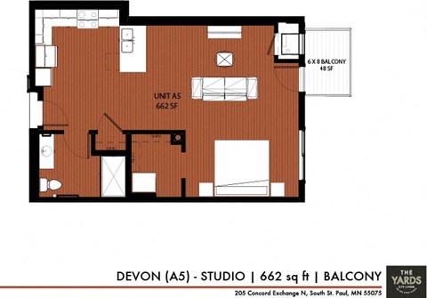 Floor plan for studio, 1 bath, 662 sqft