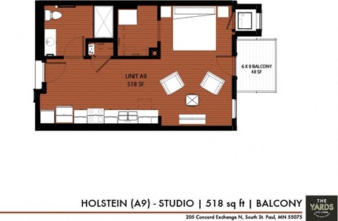 Floor plan for studio, 1 bath, 515 sqft
