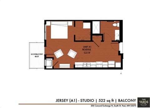 Floor plan for studio, 1 bath, 522 sqft