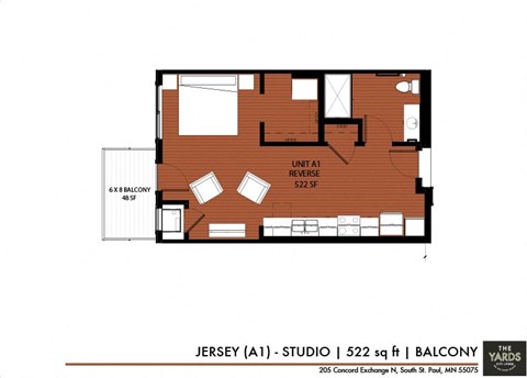 Floor plan for studio, 1 bath, 522 sqft
