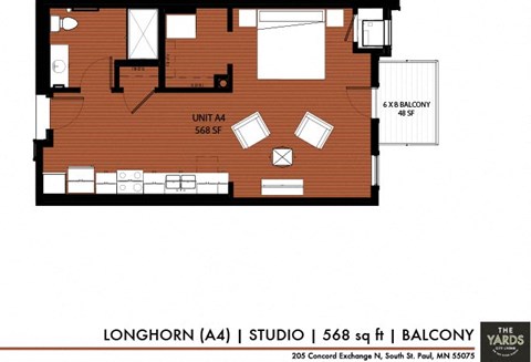 Floor plan for studio, 1 bath, 568 sqft