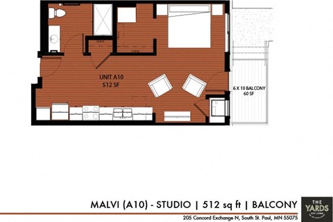 Floor plan for studio, 1 bath, 512 sqft