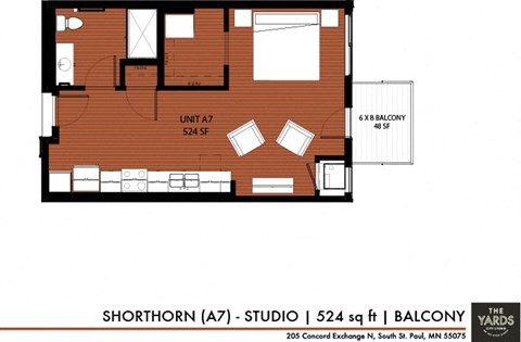 Floor plan for studio, 1 bath, 524 sqft