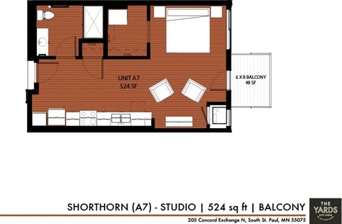 Floor plan for studio, 1 bath, 524 sqft
