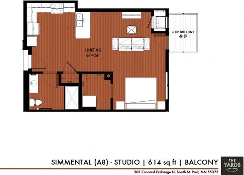 Floor plan for studio, 1 bath, 614 sqft