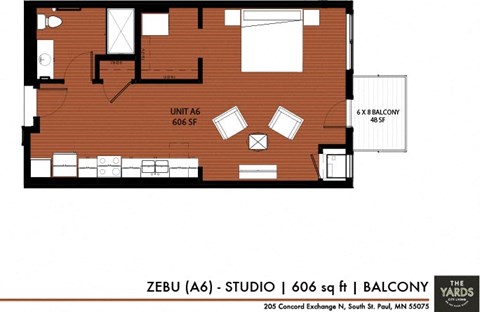 Floor plan for studio, 1 bath, 606 sqft