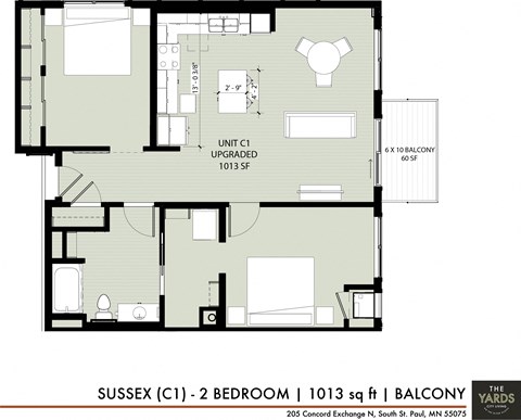 Floor plan for 2 beds, 1 bath, 1013 sqft