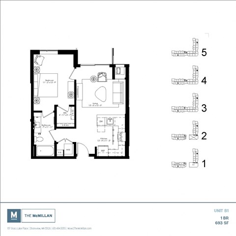 Floor plan for 1 bed, 1 bath, 693 sqft