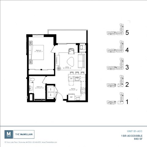 Floor plan for 1 bed, 1 bath, 693 sqft