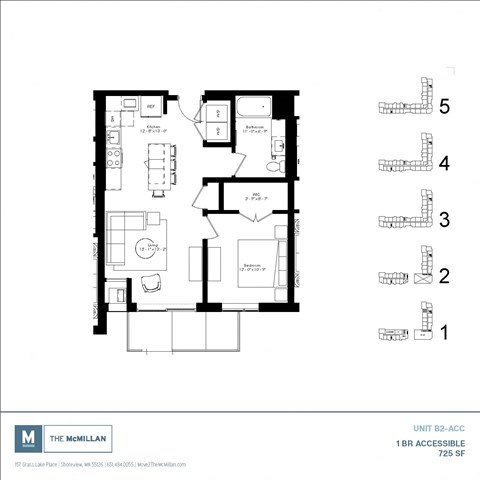 Floor plan for 1 bed, 1 bath, 725 sqft