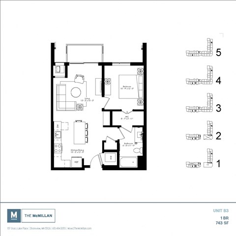 Floor plan for 1 bed, 1 bath, 743 sqft