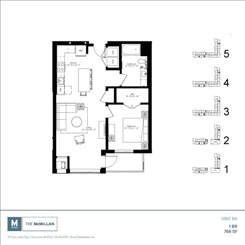 Floor plan for 1 bed, 1 bath, 788 sqft