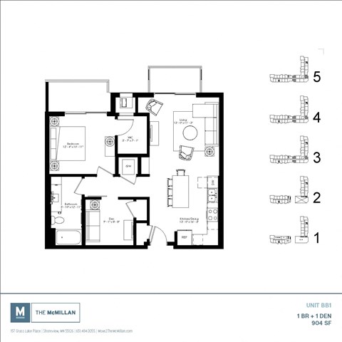 Floor plan for 1 bed, 1 bath, 904 sqft
