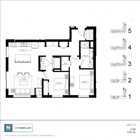 Floor plan for 2 beds, 2 baths, 1114 sqft