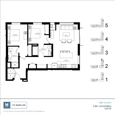 Floor plan for 2 beds, 2 baths, 1114 sqft