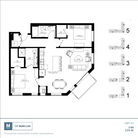 Floor plan for 2 beds, 2 baths, 1173 sqft
