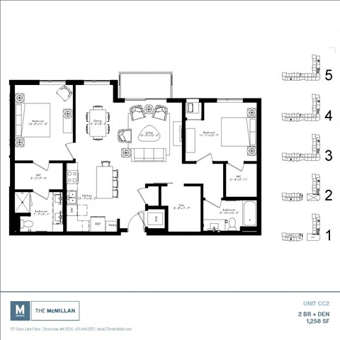 Floor plan for 2 beds, 2 baths, 1258 sqft