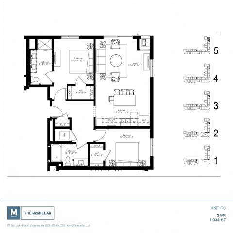 Floor plan for 2 beds, 2 baths, 1034 sqft