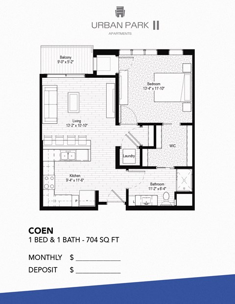 Floor plan for 1 bed, 1 bath, 704 sqft