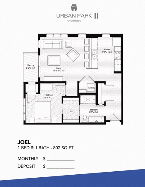Floor plan for 1 bed, 1 bath, 802 sqft