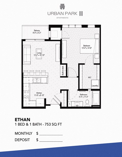 Floor plan for 1 bed, 1 bath, 753 sqft