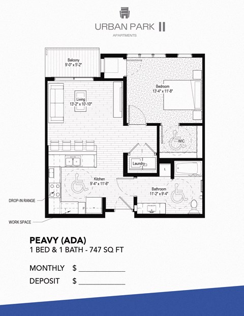 Floor plan for 1 bed, 1 bath, 747 sqft