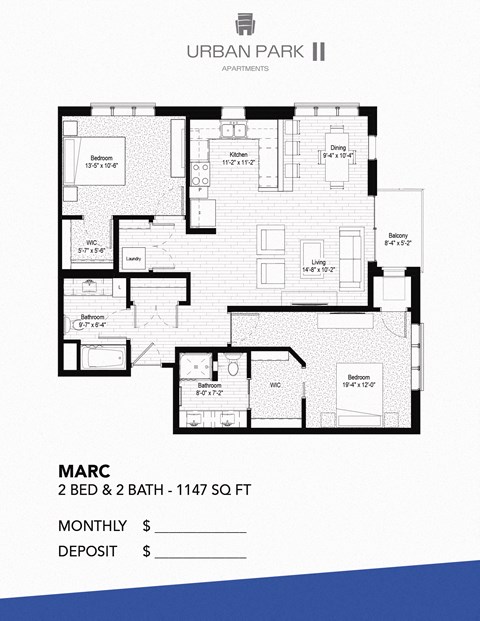 Floor plan for 2 beds, 2 baths, 1147 sqft