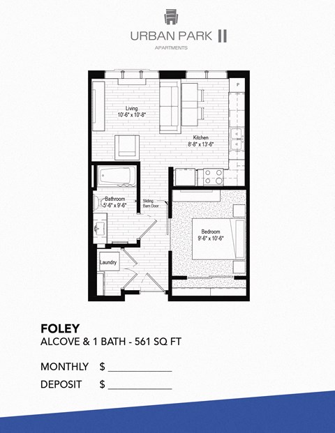 Floor plan for 1 bed, 1 bath, 561 sqft