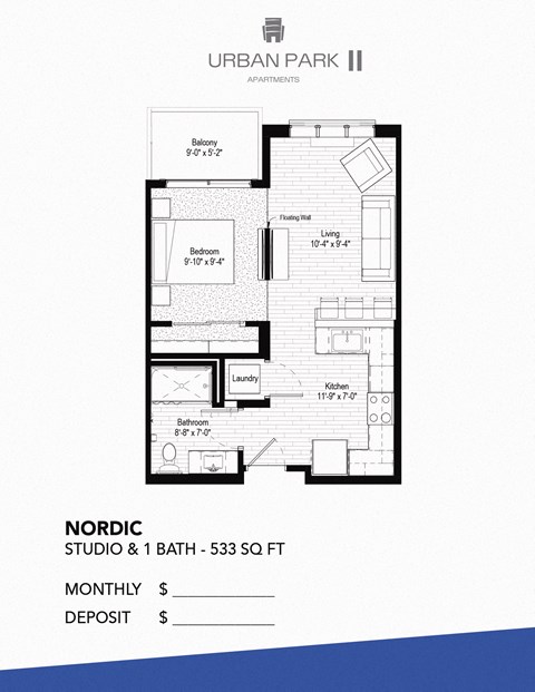 Floor plan for studio, 1 bath, 533 sqft
