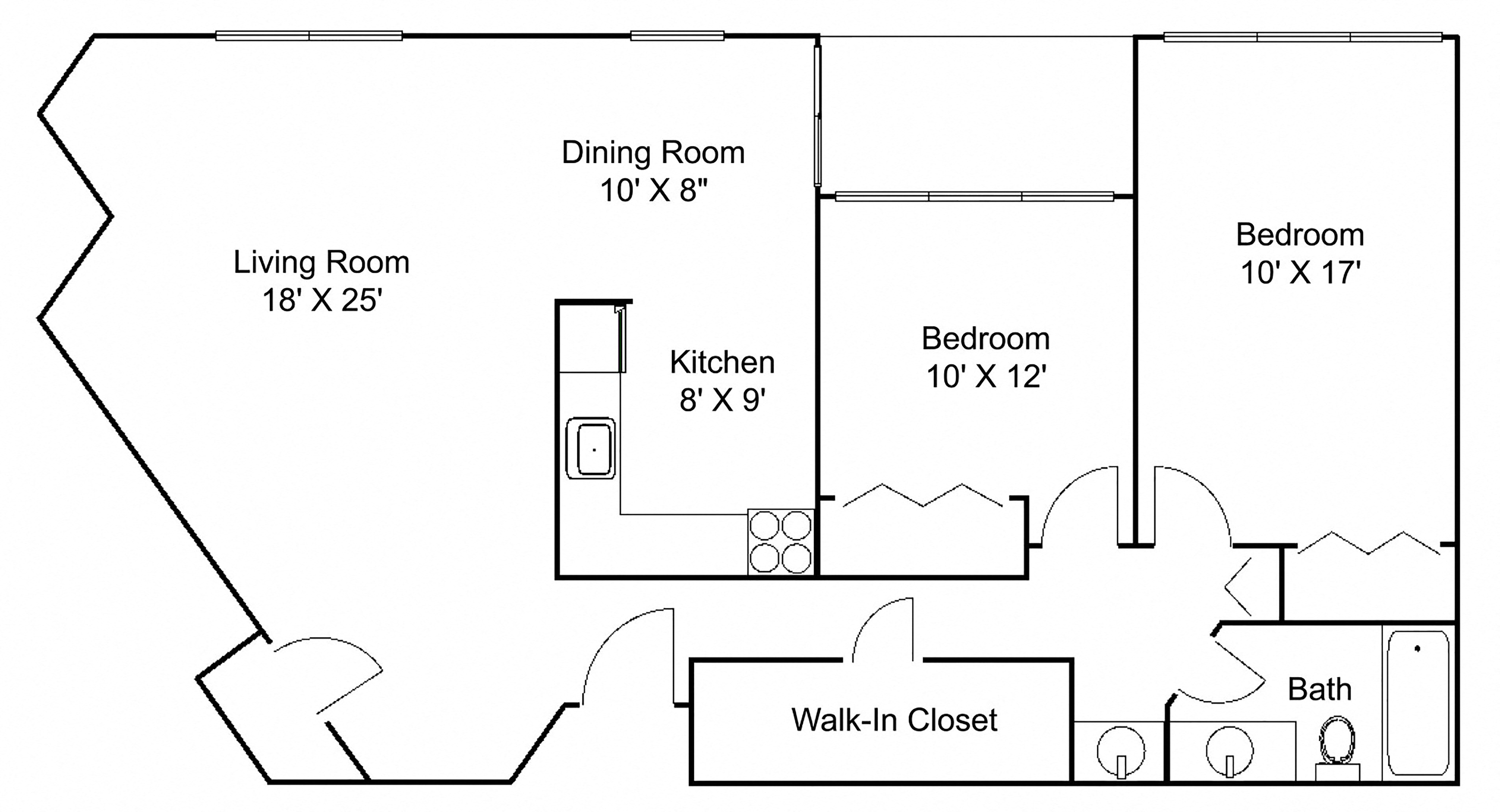Floor plan for 2 beds, 1 bath, 1210 sqft