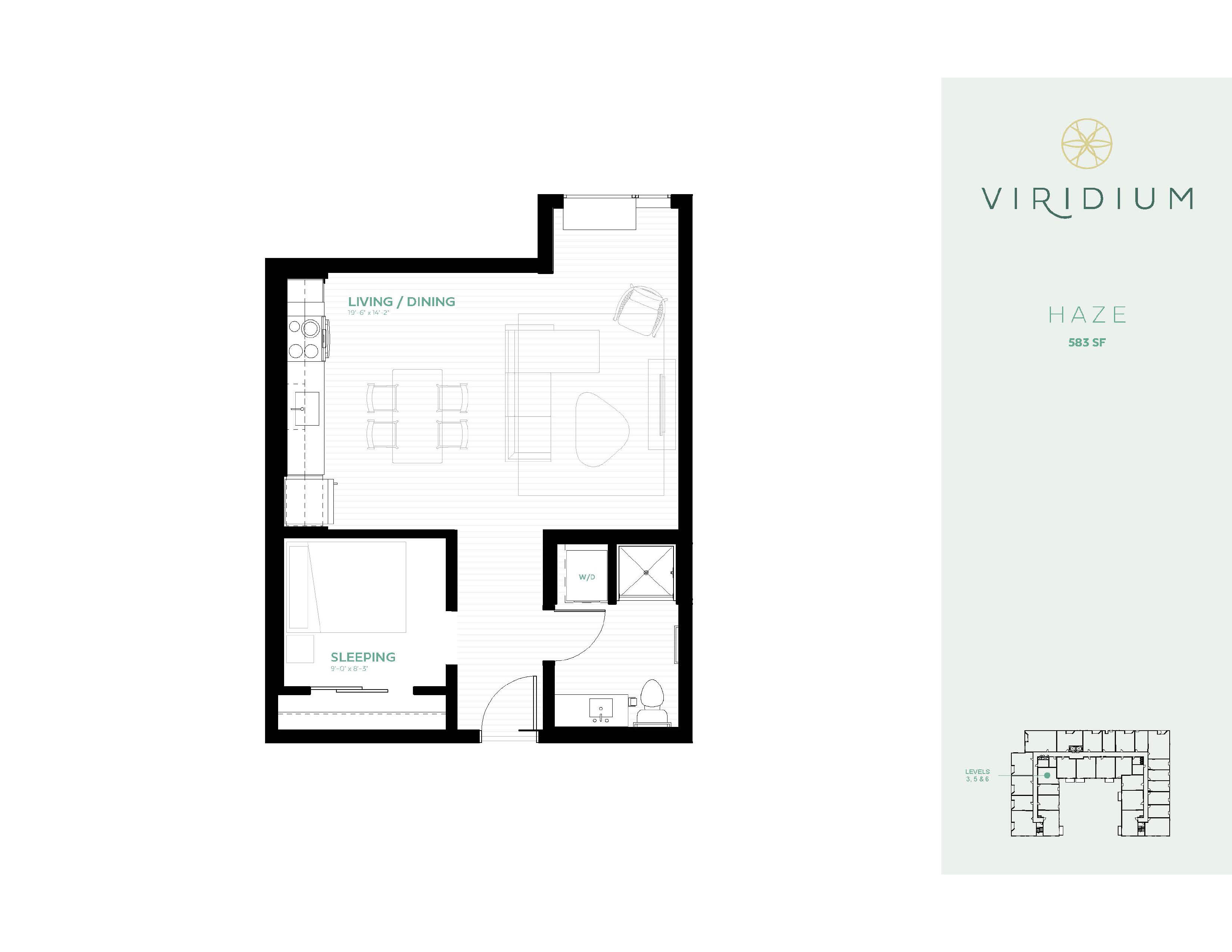Floor plan for 1 bed, 1 bath, 583 sqft