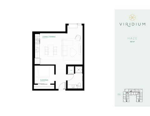 Floor plan for 1 bed, 1 bath, 583 sqft