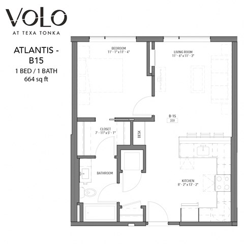 Floor plan for 1 bed, 1 bath, 664 sqft