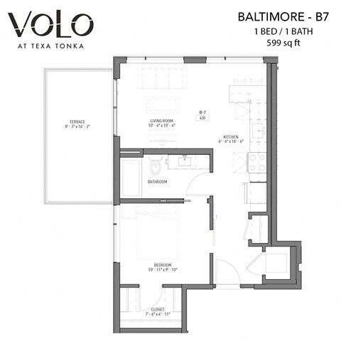 Floor plan for 1 bed, 1 bath, 599 sqft