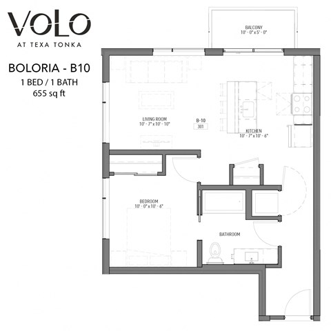Floor plan for 1 bed, 1 bath, 655 sqft