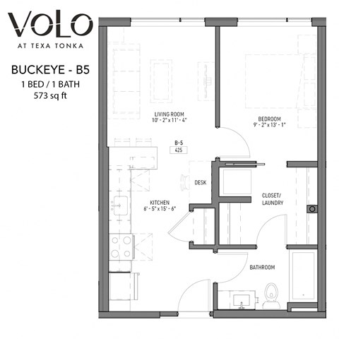 Floor plan for 1 bed, 1 bath, 573 sqft