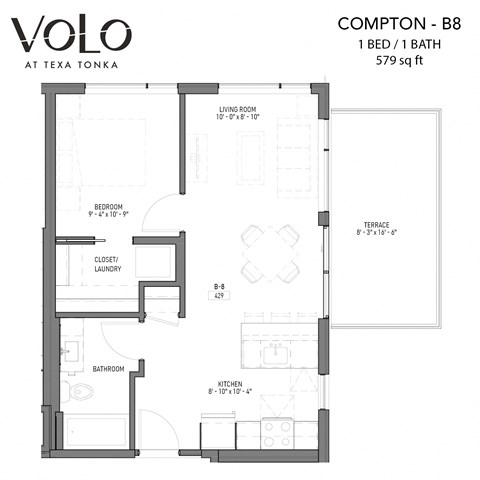 Floor plan for 1 bed, 1 bath, 579 sqft