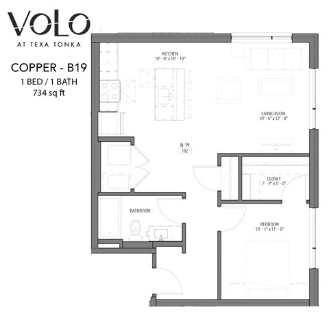 Floor plan for 1 bed, 1 bath, 734 sqft