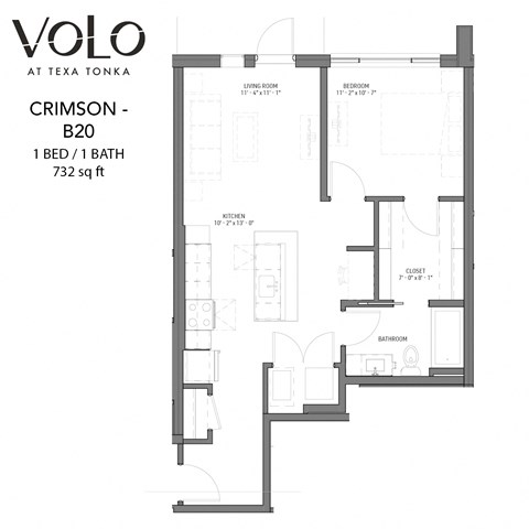 Floor plan for 1 bed, 1 bath, 732 sqft