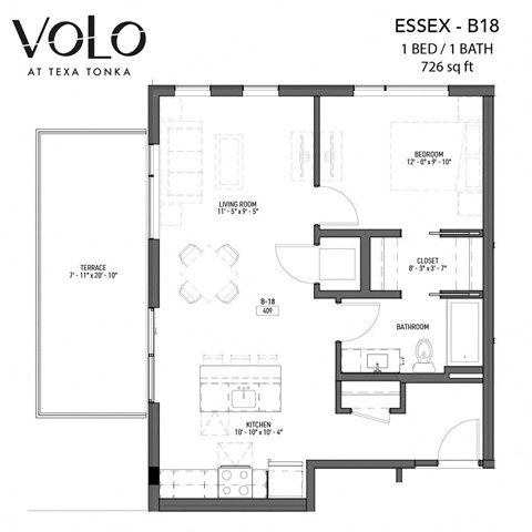 Floor plan for 1 bed, 1 bath, 726 sqft