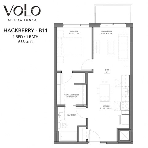 Floor plan for 1 bed, 1 bath, 658 sqft