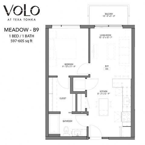 Floor plan for 1 bed, 1 bath, 597 sqft