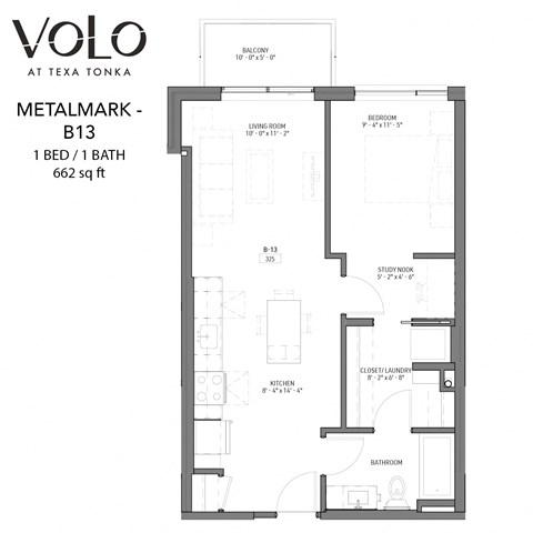 Floor plan for 1 bed, 1 bath, 662 sqft