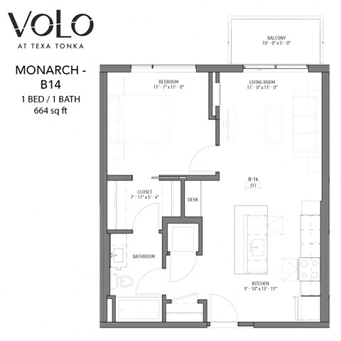 Floor plan for 1 bed, 1 bath, 667 sqft