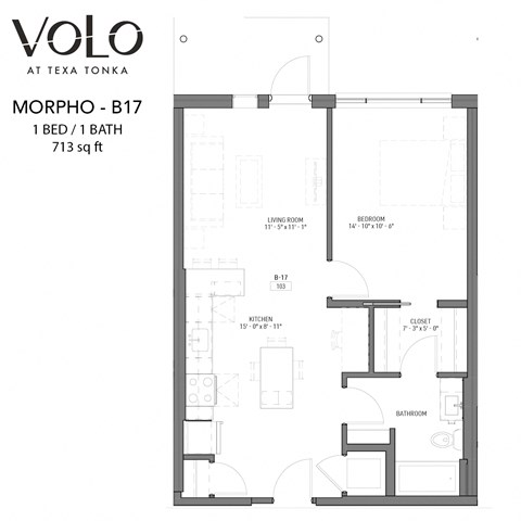 Floor plan for 1 bed, 1 bath, 713 sqft