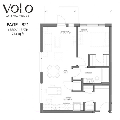 Floor plan for 1 bed, 1 bath, 753 sqft