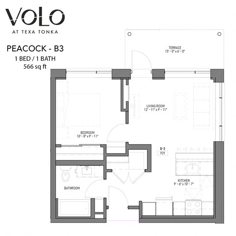 Floor plan for 1 bed, 1 bath, 566 sqft