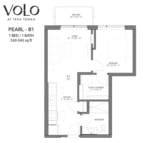 Floor plan for 1 bed, 1 bath, 532 sqft